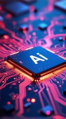 Fototapete - AI word on microchip and colorful light spread with strong beam , AI concept with copyspace banner background, Generative AI