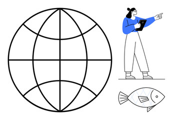 Poster - minimalist design of a woman pointing at a concept, a globe symbolizing connectivity, and a fish dia