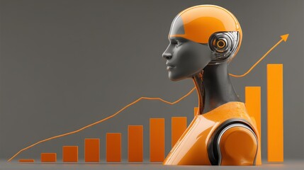 Poster - Robot holding a graph with a rising bar chart symbolizing growth driven by artificial intelligence and technology