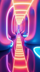 Poster - Abstract Neon Light Tunnel with Reflections and Smooth Wavy Forms