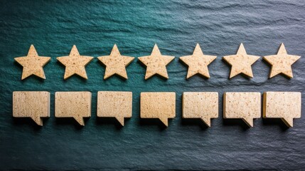 Poster - Five bright stars on a blue background representing user feedback with a chat bubble design for visual communication