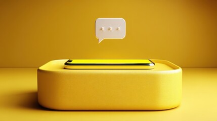 Poster - Cell phone positioned inside a yellow box representing conversational communication and form connectivity in a conceptual design