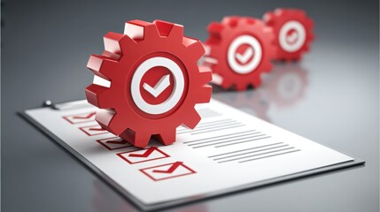 Poster - Striking red gear wheel positioned on a white sheet of paper symbolizing automation and efficient task management