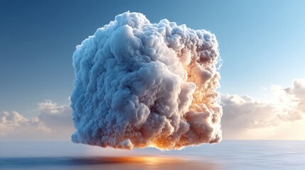 Poster - Volcanic eruption into the ocean with cloud spinning inside a cube representing contained system sync