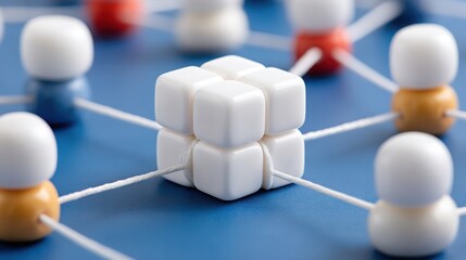 Poster - A group of white cubes forming a network concept representing connectivity and structure in data analysis and performance metrics