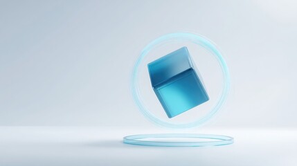 Poster - Solid blue object resting on a white surface with floating illustrating modern design and technology concept