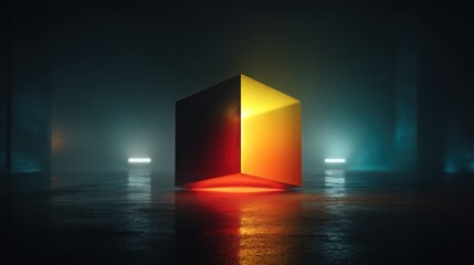 Poster - Red and yellow cube radiating light in a dark room creating a dramatic contrast and captivating visual experience
