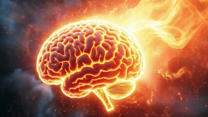 Poster - Fiery glowing brain exploding into cosmic light and energy in space