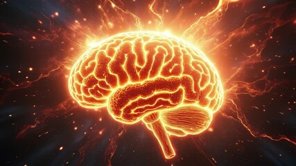 Poster - Fiery glowing brain exploding into cosmic light and energy in space