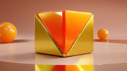 Poster - Gold cube surrounded by juicy oranges symbolizing freshness and vibrancy in a modern conceptual design