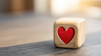 Poster - Wooden block with a red heart demonstrating emotional connection and value in a warm and creative design