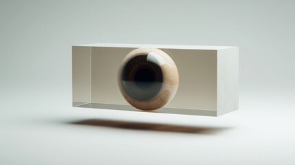 Poster - Unique wooden eyeball within a floating rectangle showcasing the concept of visual recognition and digital artistry