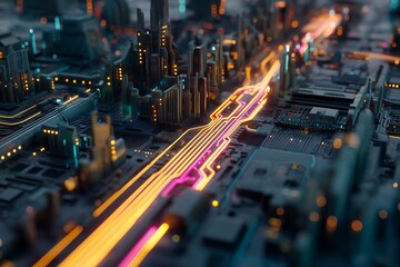 Poster - Futuristic city skyline on circuit board with glowing neon pathways, concept for technology, innovation, and digital transformation