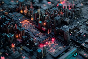 Poster - Futuristic cityscapes integrated into a circuit board, isolated white and transparent background; concept for technology, innovation, and digital city presentation