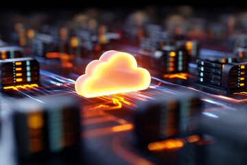 Fototapete - Glowing cloud symbol on a circuit board with server racks in the background, concept for data storage, cloud computing, and network infrastructure
