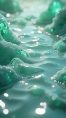Poster - Translucent teal waves glow with inner light, reflecting on a smooth surface, amidst stylized crystalline forms