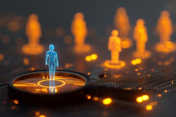 Poster - Glowing blue digital human figure standing on a magnifying glass over a circuit board, surrounded by blurred orange figures; concept for digital identity, human resources, artificial intelligence