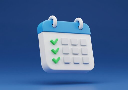 A cartoon calendar with green check marks on a blue background rendered in d computer graphics style
