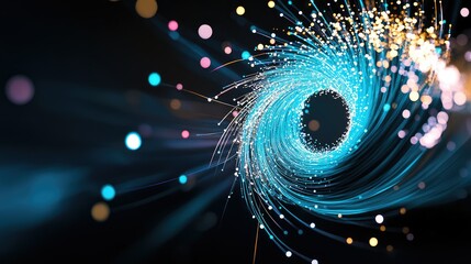 Poster - Electric blue spiral beams converging in the center of a digital black space, speed and motion
