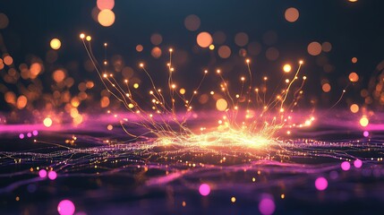 Poster - High-speed wireless connection across 3D neural circuits, glowing data points travel on light paths