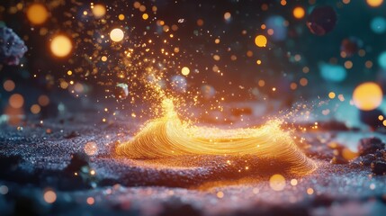 Poster - Neon particle splash in a 3D space with glowing wave lines moving across a deep futuristic void