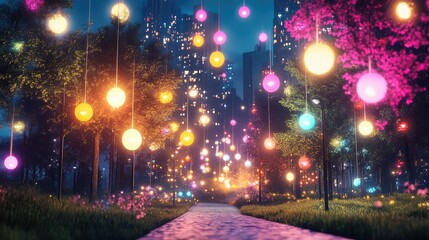 Poster - Virtual cityscape networked in the metaverse, colorful lights mapping user paths in a digital ecosystem