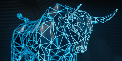 Poster - Abstract polygonal bull, blue glowing lines on dark background, symbolizes power, strength, finance, and technology
