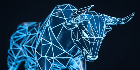 Poster - Low-poly blue bull, geometric design, dark background, symbolizes strength, finance, technology, innovation