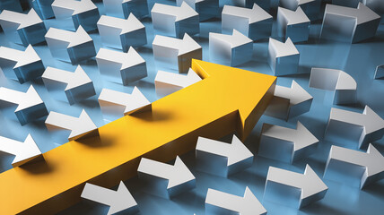 Poster - Yellow arrow stands out among many grey arrows, symbolizing unique path, leadership, different thinking, innovation and success