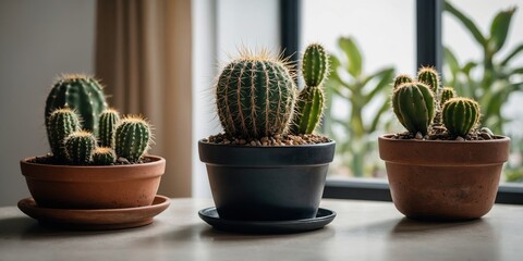 Poster - cacti arranged in decorative pots near a sunlit window in a cozy indoor space