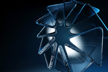 Fototapete - Abstract 3d black background wallpaper with glass transparent triangle plates in shape of circle. Crystal ring with light blue gradient and flare. Digital graphic design tech banner. 3D illustration