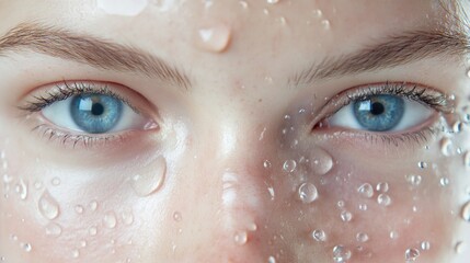 Poster - A young woman stares intently with her mesmerizing blue eyes, droplets of water clinging to her skin, reflecting the soft light, creating an ethereal ambiance, hinting at a fresh moment