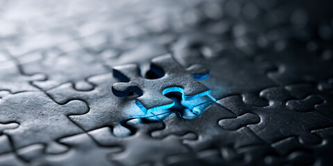 Poster - Close-up of dark gray puzzle piece fitting into place, glowing blue, symbolizing solution, connection, and completion, ideal for business or problem-solving concepts