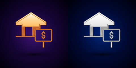 Poster - Gold and silver House with dollar symbol icon isolated on black background. Home and money. Real estate concept. Vector