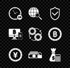 Poster - set clock 24 hours, shield check mark, coin money yen symbol, money, calculator bag, computer monito