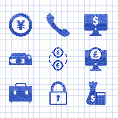 Poster - set money exchange, lock, calculator with money bag, computer monitor pound sterling symbol, briefca