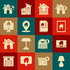Poster - set table lamp, laptop and smart home, tablet, home symbol, map pointer with house, monitor heart sh