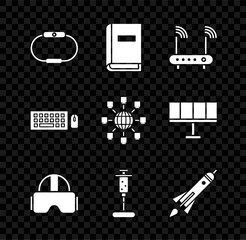 Poster - Set Smartwatch, User manual, Router and wi-fi signal, Virtual reality glasses, Syringe, Rocket ship with fire, Keyboard mouse and Social network icon. Vector