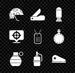 Poster - Set Military helmet, Swiss army knife, Aviation bomb, Hand grenade, beret, Target sport and dog tag icon. Vector