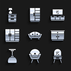 Poster - Set Sofa, Armchair, Dressing table, Furniture nightstand, Lamp hanging, Wardrobe, TV and with lamp icon. Vector