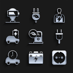 Poster - set electric car charging station, car battery, electrical outlet, plug, mechanic and battery charge