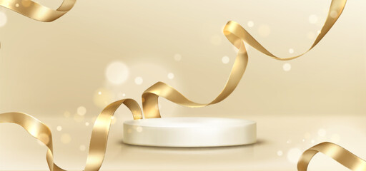Poster - Gold ribbon curls and podium on sparkly light background. Luxury golden satin swirls, glossy streamers flying around white stage. Shiny metallic foil decoration elements for award ceremony design.