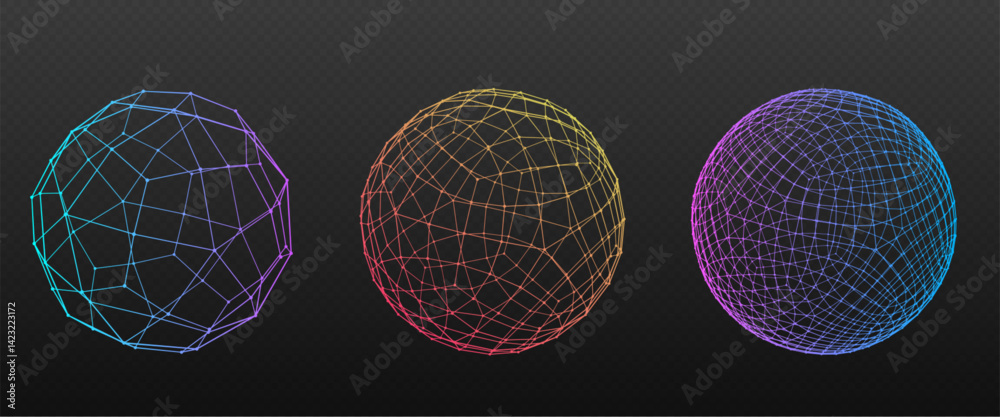 Dot sphere collection - particle globe set on black. Colorful polygonal ...