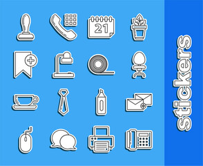 Poster - set line telephone, envelope, office chair, calendar, table lamp, bookmark, stamp and scotch icon. v