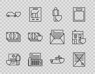 Poster - Set line Medical clipboard with clinical record, Delete file document, Life insurance shield, Fax machine, Car, Money, Ship and House icon. Vector