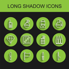 Poster - Set line Military knife, Flag, Walkie talkie, Police rubber baton, ammunition box, Bullet and Hand grenade icon. Vector