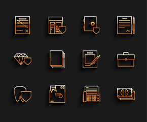 Poster - Set line Tooth with shield, Ordered envelope, Delete file document, Fax machine, Stacks paper money cash, Clean, Briefcase and Blank notebook and pen icon. Vector