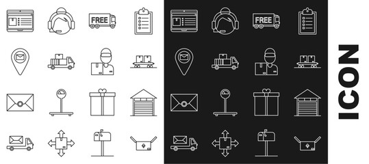 Poster - set line cardboard box with traffic symbol, railway carriage, free delivery service, delivery truck 