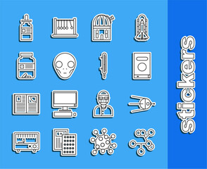 Fototapete - Set line Molecule, Satellite, Book, Astronomical observatory, Extraterrestrial alien face, Medicine bottle and pills, Glass with pipette and Meteorology thermometer measuring icon. Vector