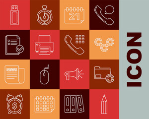 Poster - set line pencil, folder settings with gears, gear, calendar, printer, document and check mark, usb f